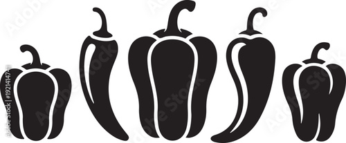 Set of hot chili silhouette peppers, isolated