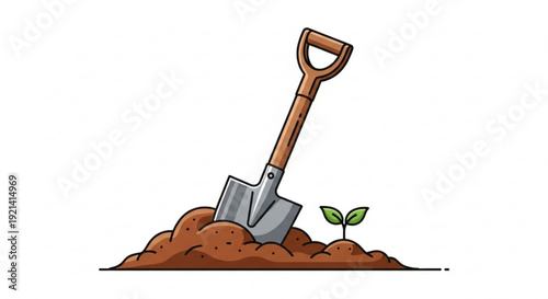Shovel in brown soil with small green seedling sprouting gardening tool for planting and digging outdoors