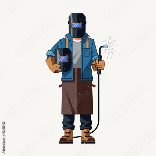 Welder Holding Mask and Torch with Sparks