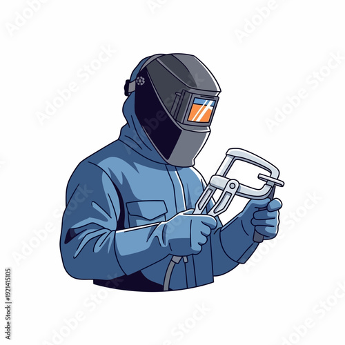 Welder in protective gear holding clamp, illustration