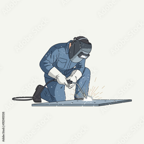 Welder in protective gear performing metal fabrication with sparks flying