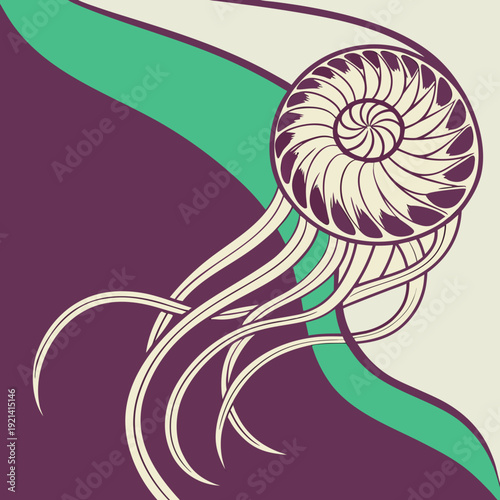 Nautilus shell with flowing tentacles in abstract design.