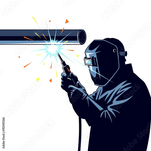 Welder in protective gear sparks bright light while welding metal pipe