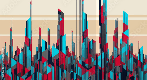 Vibrant cityscape with abstract skyscrapers in red blue and gray hues against a beige background