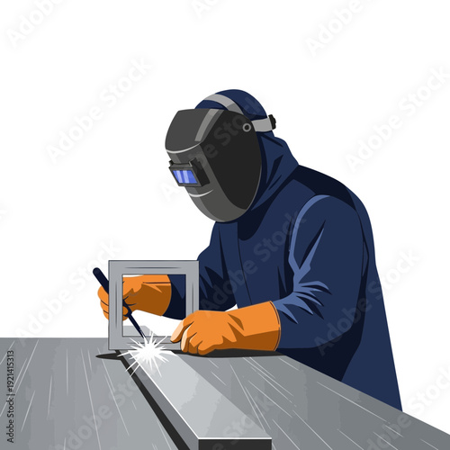 Welder wearing protective gear welding metal structure with sparks flying