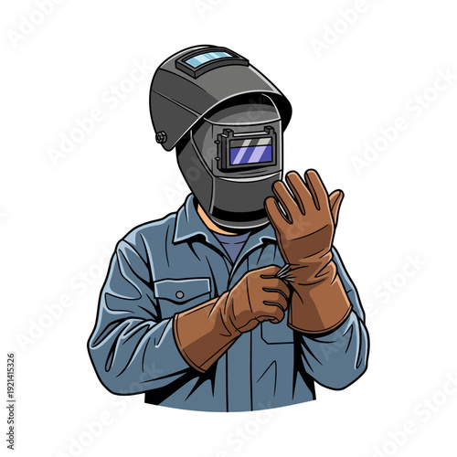 Welder wearing protective gear, putting on gloves.