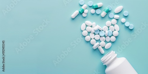 Heart shaped pills medicine bottle healthcare pharmacy treatment medication concept blue background copyspace