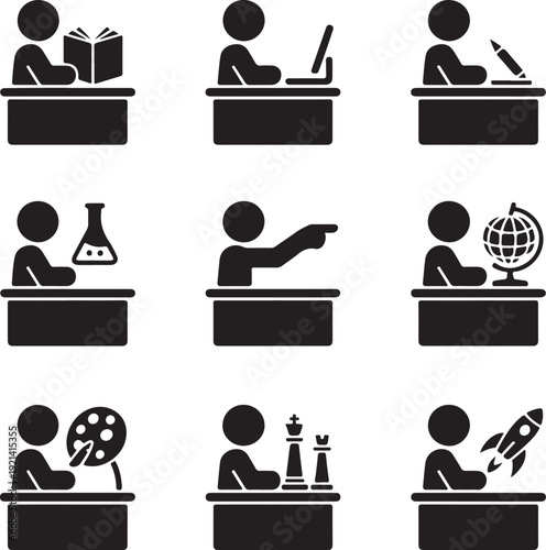 Set of icons presenting education and different school subjects, science, art, history, geography, chemistry, maths, extracurricular activities, geometry, information technology