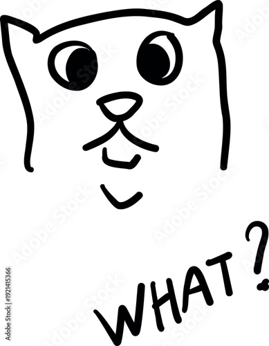 Shocked hand drawn cat asking what, surprised feline character doodle with lettering isolated on white