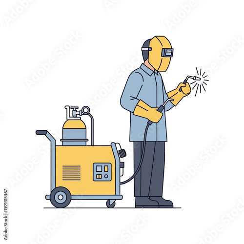 Welder with welding machine and gas cylinder, flat illustration