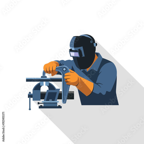 Welder worker with welding mask and tools, industrial illustration