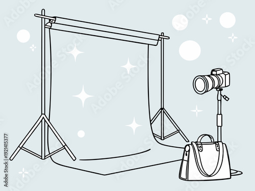 Photography Studio Setup with Camera and Backdrop.