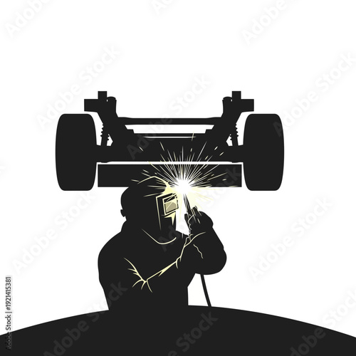 Welder working on car chassis with sparks, industrial silhouette