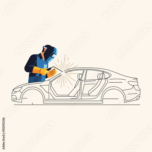 Welder working on car body