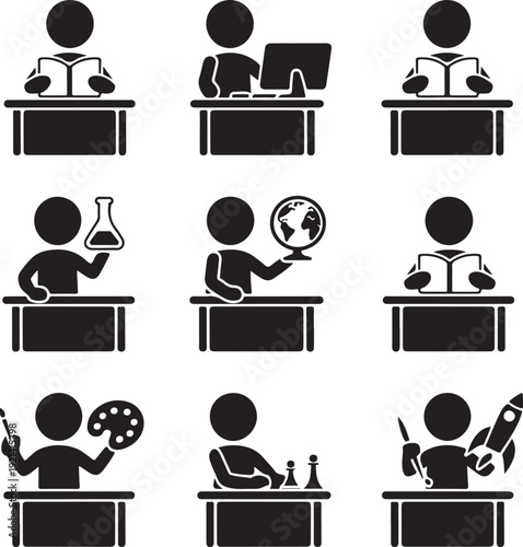 Set of icons presenting education and different school subjects, science, art, history, geography, chemistry, maths, extracurricular activities, geometry, information technology