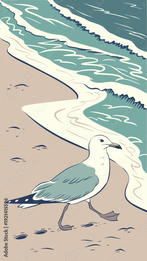 Fototapeta premium Seagull Walking on Sandy Beach with Ocean Waves.
