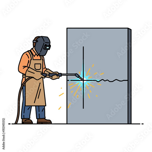 Welder working on metal structure, sparks flying