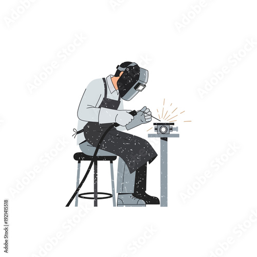 Welder working on metal with sparks flying, flat illustration style