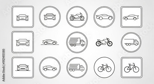 Collection of stylized vehicle icons and symbols in a grid layout.