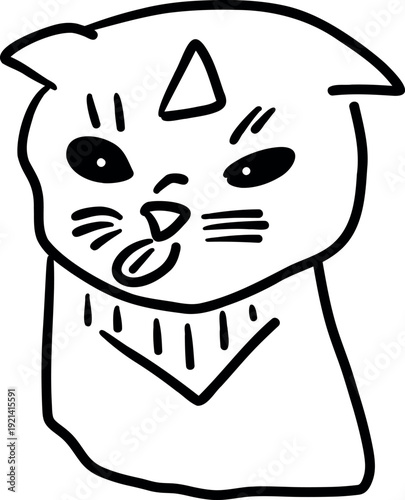 Funny hand drawn cat wearing bandana with tongue out, quirky feline character doodle isolated on white