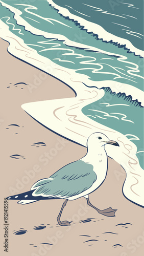 Seagull Walking on Sandy Beach with Ocean Waves.