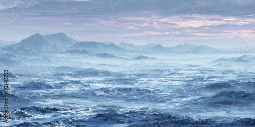 Frozen alien landscape with misty mountains and sky