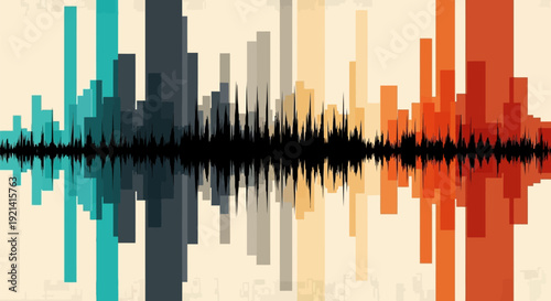 Vibrant sound wave graphic with colorful bars on beige background representing music and audio visualization technology