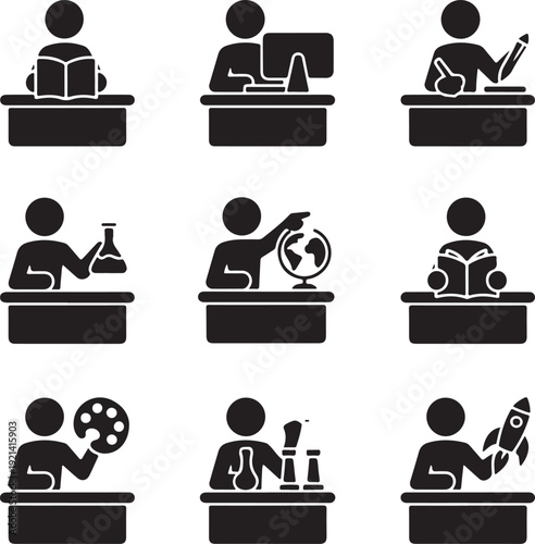 Set of icons presenting education and different school subjects, science, art, history, geography, chemistry, maths, extracurricular activities, geometry, information technology