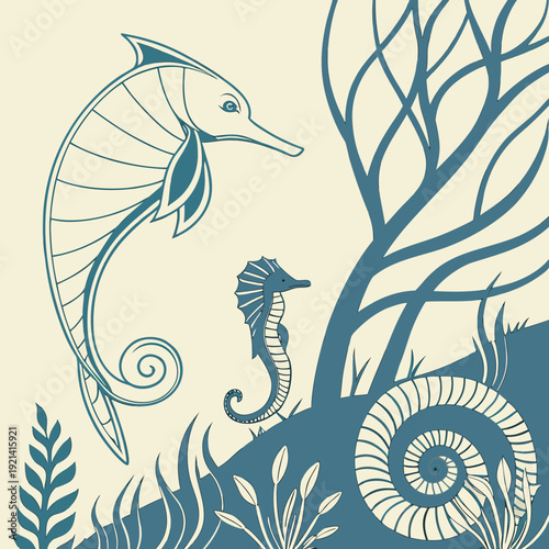 Stylized marine life illustration with swordfish and seahorse.
