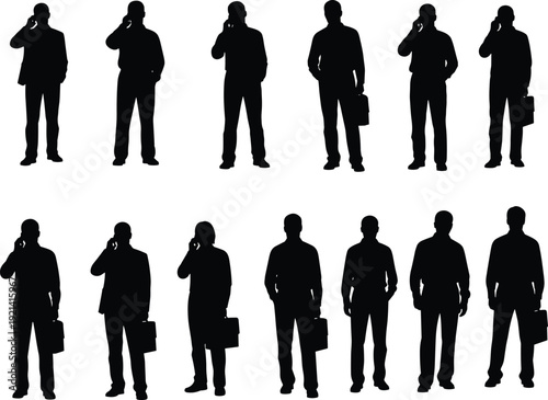 Collection of black silhouettes featuring businessmen talking on mobile phones and holding briefcases for professional corporate and modern communication designs.
