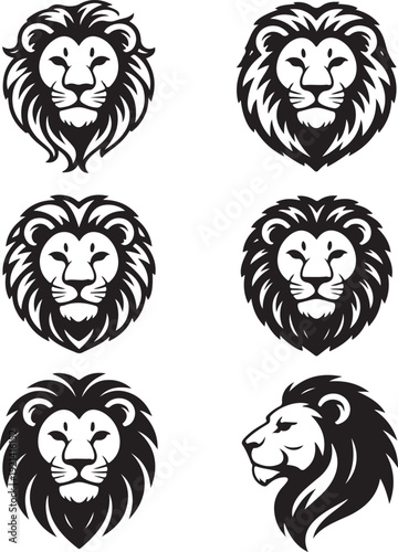 Set of lion faces. Collection of silhouette wild cats with mane. King of animals on a safari. Black and white illustration for the zoo. Tattoos