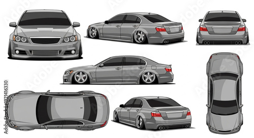 Gray Car Multiple Angles Isolated.