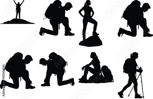 Illustrations of hikers in various outdoor and resting poses with backpacks