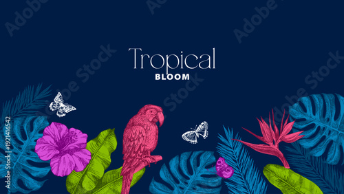 Tropical background with exotic vibe. Parrot, tropical leaves, hibiscus, butterflies. Coffee, restaurant, food packaging, event decor concept. Hand drawn retro sketch vector illustration.