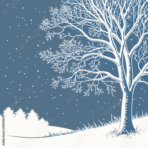 Winter landscape with snowcovered tree and falling snowflakes.