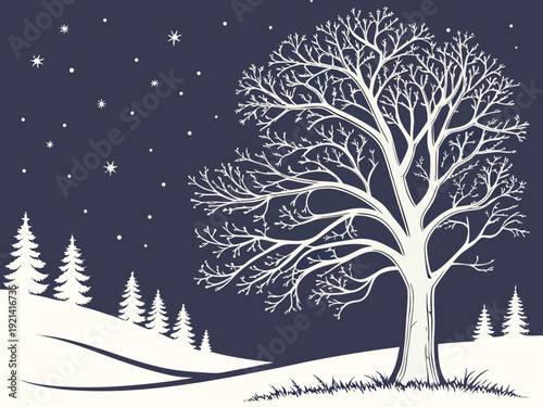 Winter night landscape with bare tree and falling snow.