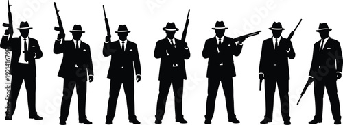 Collection of black silhouettes featuring men in suits wearing hats and holding various firearms for action thriller or detective designs.