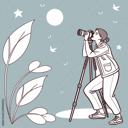 Woman photographer capturing moon and nature at night.