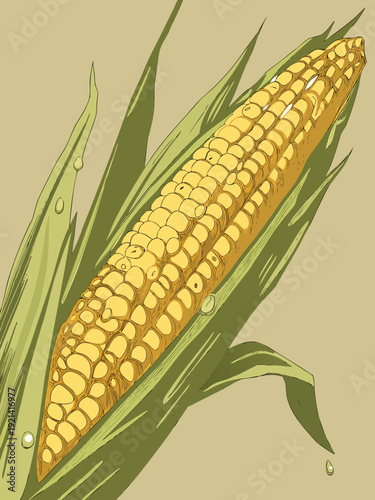 Freshly picked corn on the cob with dew drops on the leaves.