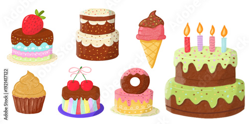 Birthday greeting card with cuti Cake and ice cream. Ice cream icons set. Waffer cone and cup with gelato balls. Happy birthday poster background set