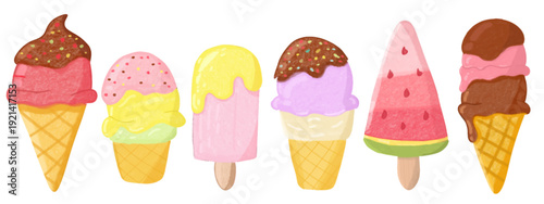 Birthday greeting card with cuti Cake and ice cream. Ice cream icons set. Waffer cone and cup with gelato balls. Happy birthday poster background set