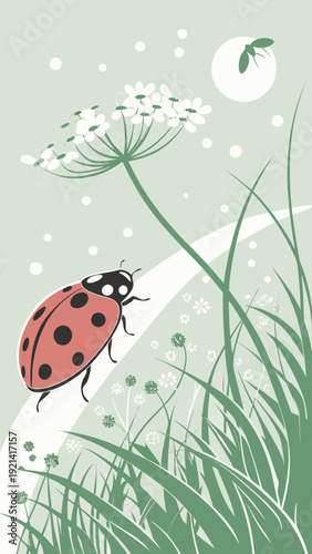 Ladybug on a plant with a fly in the background.