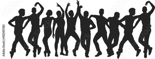 Group dance silhouette illustration with eleven performers, expressive choreography poses, dynamic rhythm movement art, performance unity concept, creative design vector