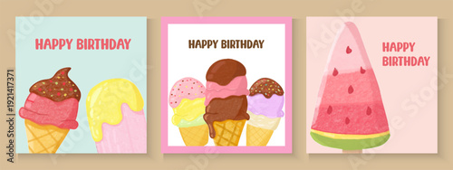 Birthday greeting card with cuti Cake and ice cream. Ice cream icons set. Waffer cone and cup with gelato balls. Happy birthday poster background set
