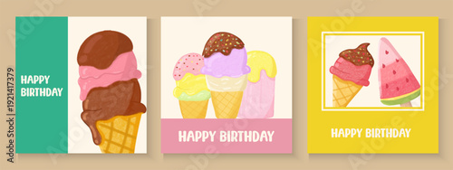 Birthday greeting card with cuti Cake and ice cream. Ice cream icons set. Waffer cone and cup with gelato balls. Happy birthday poster background set