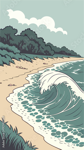 Ocean waves crashing on a sandy beach with lush green trees under a cloudy sky.