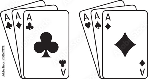 Set of playing card vector icons. Gambling game. Four card. Black outline icons.  2