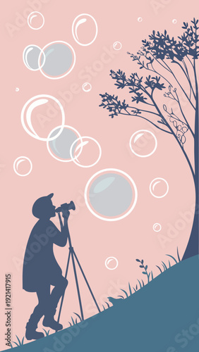 Silhouette of a photographer capturing bubbles floating in the sky.