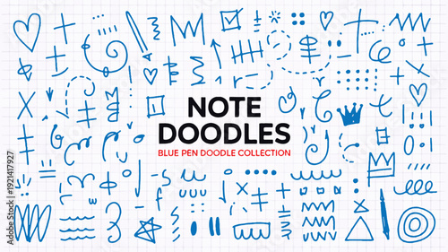 A diverse collection of hand-drawn blue pen doodles and sketch elements for creative note-taking and graphic designs