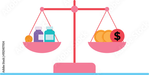 Healthcare cost comparison concept with medicine and money balanced on scale representing medical expenses and pricing illustration